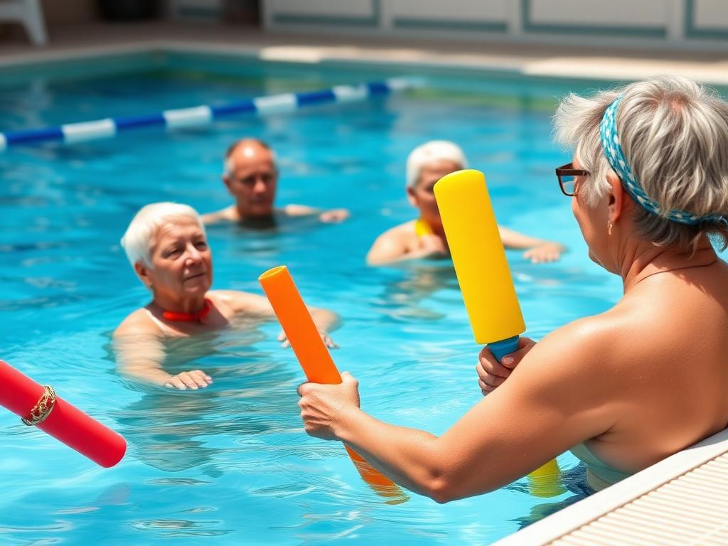 Seniors apprenant à nager en piscine en journée