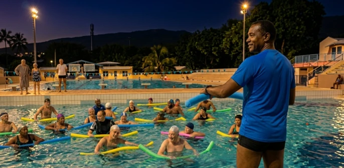 Séance d'aquagym nocturne dans une piscine éclairée